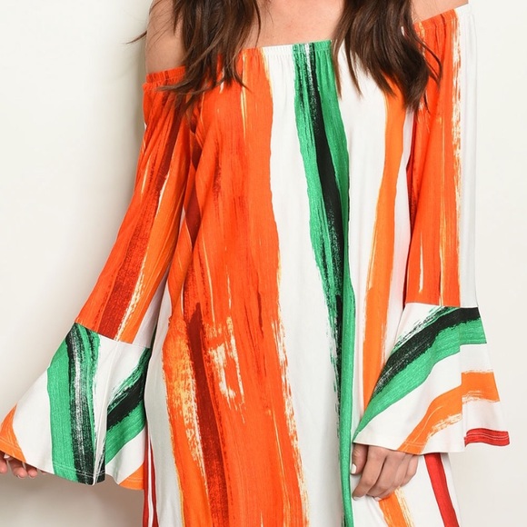 ❌DONATED❌Orange Multi-Color Stripe Off The Shoulders Bell Sleeve Dress - Picture 2 of 9